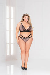 Two piece lace and leopard print mesh long line bra and panty set - STM11069X by Seven Til Midnight